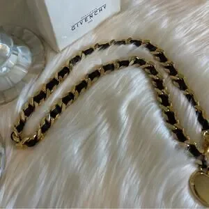 RARE Givenchy Heart Motif Chain Belt – Gold Tone & Black Leather – Serial P1029