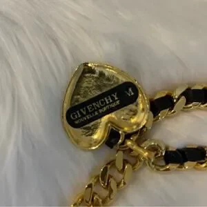 RARE Givenchy Heart Motif Chain Belt – Gold Tone & Black Leather – Serial P1029