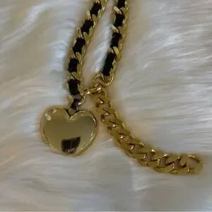 RARE Givenchy Heart Motif Chain Belt – Gold Tone & Black Leather – Serial P1029