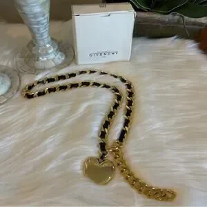 RARE Givenchy Heart Motif Chain Belt – Gold Tone & Black Leather – Serial P1029