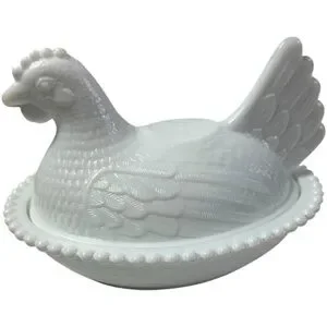 RARE Vintage White Milk Indiana glass hen on nest beaded edge covered dish