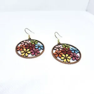 Retro Hippie Floral Earrings Sterling Silver Hook Drop Dangle Cutout Multicolor
