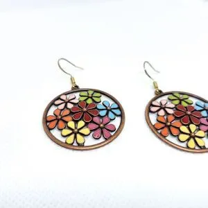 Retro Hippie Floral Earrings Sterling Silver Hook Drop Dangle Cutout Multicolor