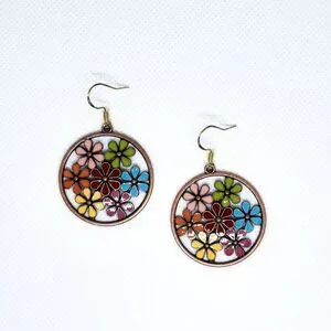 Retro Hippie Floral Earrings Sterling Silver Hook Drop Dangle Cutout Multicolor