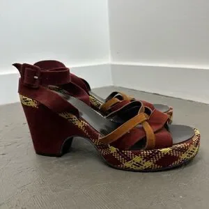 Robert Clergerie Burgundy Red Suede Plaid Platform Strappy Heel Sandals Size 39
