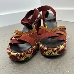 Robert Clergerie Burgundy Red Suede Plaid Platform Strappy Heel Sandals Size 39