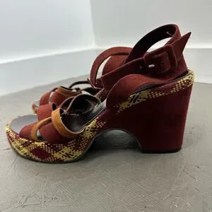 Robert Clergerie Burgundy Red Suede Plaid Platform Strappy Heel Sandals Size 39