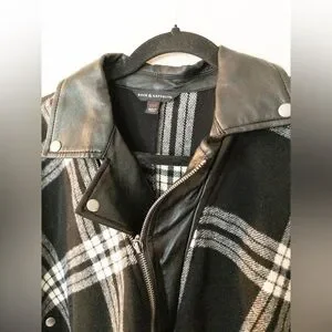 Rock & Republic Black White Plaid Poncho Wrap Faux Leather Collar S