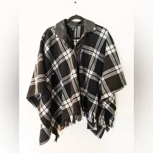 Rock & Republic Black White Plaid Poncho Wrap Faux Leather Collar S