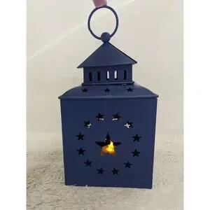 Rustic Barn Star Blue Metal Lantern For LED Candle Holder Patriotic 4th July New