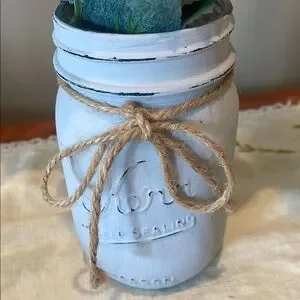Rustic Grey Mason Jar With Faux White Roses