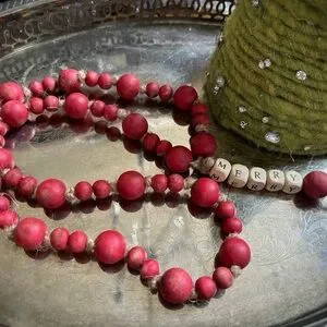 Rustic Red Bead Garland With Merry Wood Word Holiday Christmas Decor