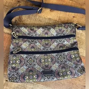 Sakroots Grey Mosaic World Crossbody Purse Bag Navy Blue Strap EUC