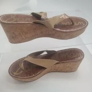 SAM EDELMAN 9.5 M ROMY Platform Flip Flop Sandals Beige Cork Wedge Womens