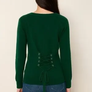 Sandro Paris -Ivana Corset-Back Wool Cashmere Cardigan Green Sweater