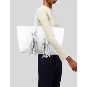 Sara Battaglia White Leather Fringe Tote Bag Designer Handbag‎ Purse