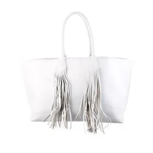 Sara Battaglia White Leather Fringe Tote Bag Designer Handbag‎ Purse