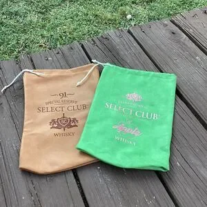 Select Club Whisky drawstring bags lot of 2 – tan & green Apple 12”x8”