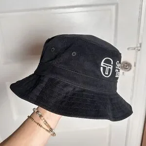 Sergio Tacchini Bucket Hat Embroidered ST Logo Black Corduroy Retro Festival NWT