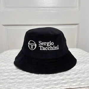 Sergio Tacchini Bucket Hat Embroidered ST Logo Black Corduroy Retro Festival NWT