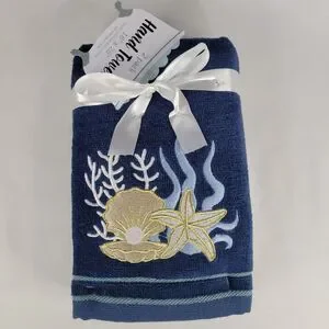 Set 2 Blue Bathroom Hand Towels Beach Embroidered Gold Starfish Shells Nautical