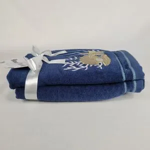 Set 2 Blue Bathroom Hand Towels Beach Embroidered Gold Starfish Shells Nautical