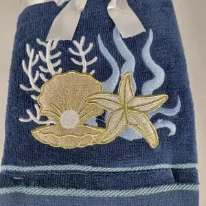 Set 2 Blue Bathroom Hand Towels Beach Embroidered Gold Starfish Shells Nautical