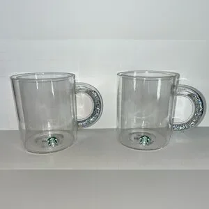 Set of (2) 2019 Starbucks Clear Glass Mugs Glitter Confetti Handle 12oz Sparkle