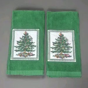Set Of (2) Spode Appliqued Christmas Tree Kitchen Bathroom Hand Towels