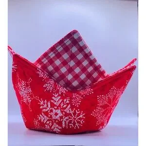 Set Of 4 Microwave Soup Bowl Cozie Reversible Red And Blue Winter Snowflakes
