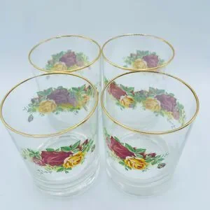 Set Of 4 Royal Albert Old Country Roses Double Old Fashioned Drinkware Glasses