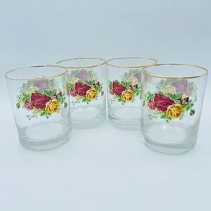 Set of 4 Royal Albert Old Country Roses Double Old Fashioned Drinkware Glasses