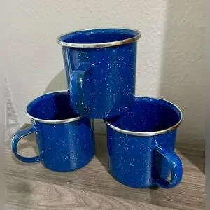 Set Of Three Enamel Mugs. Each Mug Has A Capacity Of 350 Ml And A Shiny Stainles