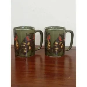 Set Of Two Vintage Stoneware Owl Mugs