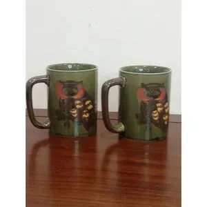 Set Of Two Vintage Stoneware Owl Mugs