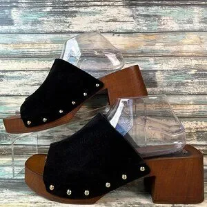 Seychelles Slide Sandals Sz 10 Black Suede Studded Boho Casual Chunky Block Heel