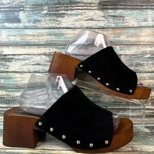 Seychelles Slide Sandals Sz 10 Black Suede Studded Boho Casual Chunky Block Heel