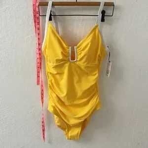 Shade & Shore Yellow White Women's One Piece Swimsuit Crepe U-Wire Ruched 14
