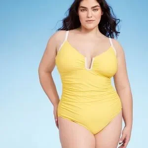 Shade & Shore Yellow White Women's One Piece Swimsuit Crepe U-Wire Ruched 14