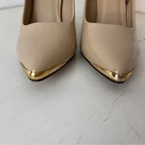 Shiekh Nude Faux Patent Ultra High Heels Gold Tone Toe Plate 10