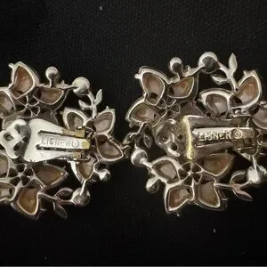 Signed Lisner Vintage Floral Earrings Pink Rhinestone Clip-Ons