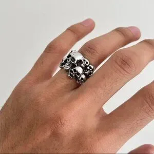 silver skull pile stainless steel ring