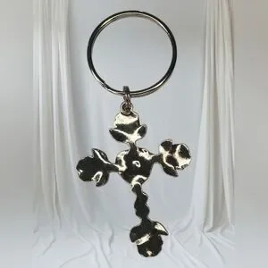 Silver Tone Cross Heart Charm Keychain Vintage Style