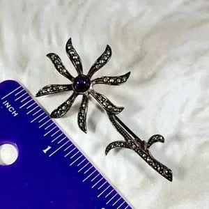 Silver-tone Vintage Abstract Daisy Pin With Marcasite And Purple Stone