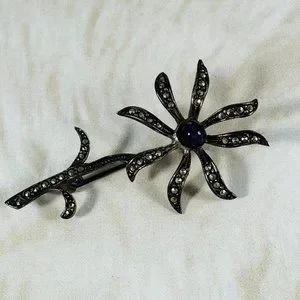 Silver-tone Vintage Abstract Daisy Pin With Marcasite And Purple Stone