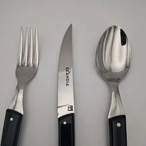 Skandia Vivid Black Handle 3 Piece Set Spoon Fork Steak Knife Flatware New Rare