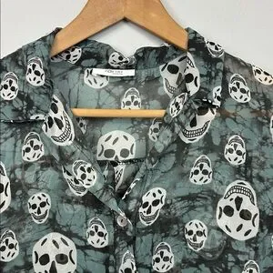 Skull Print Sheer Blouse Down Size M
