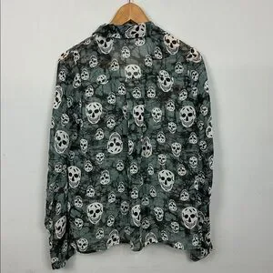 Skull Print Sheer Blouse Down Size M