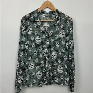 Skull Print Sheer Blouse Down Size M