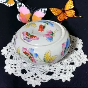 Small Asian trinkets dish with beautiful butterflies hand painted